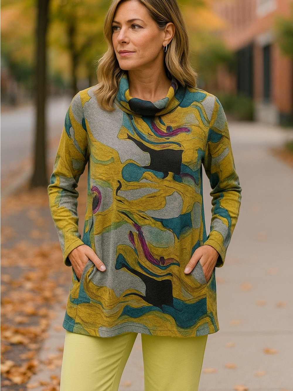 NWT Cowl Neck Abstract Print Tunic - Lemongrass Multi